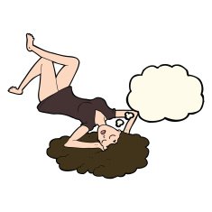 cartoon woman lying on floor with thought bubble N15
