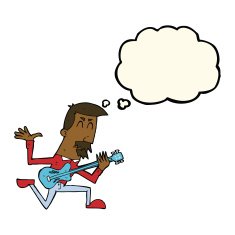 cartoon man playing electric guitar with thought bubble N15