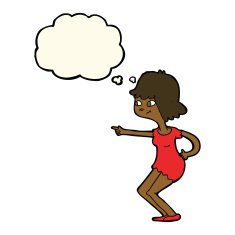 cartoon girl pointing with thought bubble N22