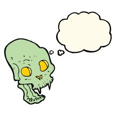 cartoon spooky vampire skull with thought bubble N8