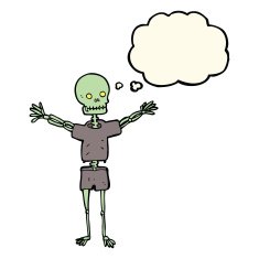 cartoon skeleton in clothes with thought bubble N8