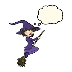 cartoon witch riding broomstick with thought bubble N13
