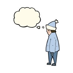 cartoon person in winter clothes with thought bubble N8