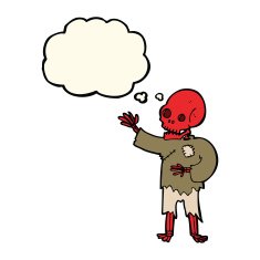 cartoon skeleton waving with thought bubble N7