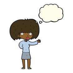 cartoon woman gesturing with thought bubble N23