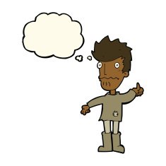 cartoon worried man giving thumbs up symbol with thought bubble N7