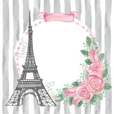 Paris vintage card Eiffel tower Watercolor rose grey strips