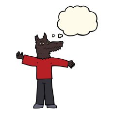 cartoon happy wolf man with thought bubble N10