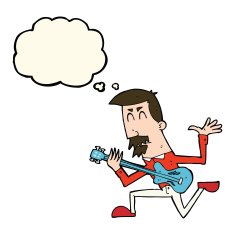 cartoon man playing electric guitar with thought bubble N16