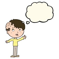 cartoon boy with growth on head thought bubble N27