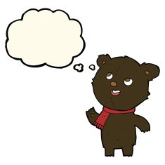 cartoon black bear wearing scarf with thought bubble N7