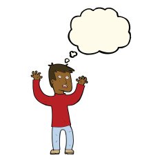 cartoon terrified man with thought bubble N150