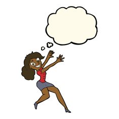 cartoon happy woman jumping with thought bubble N6
