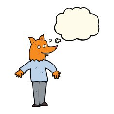 cartoon happy fox man with thought bubble N18