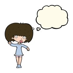 cartoon waving girl with thought bubble N8
