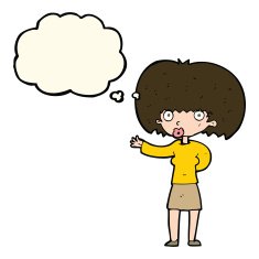 cartoon woman gesturing with thought bubble N24