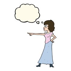cartoon woman pointing finger with thought bubble N8