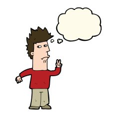 cartoon man giving peace sign with thought bubble N38