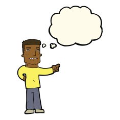cartoon man pointing with thought bubble N128