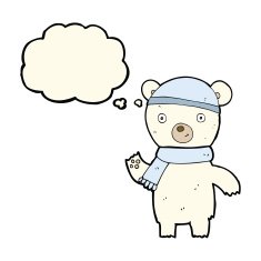 cartoon waving polar bear with thought bubble N44