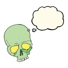 cartoon spooky old skull with thought bubble N3