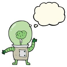 cartoon robot cyborg with thought bubble N6