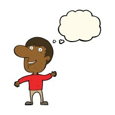 cartoon waving man with thought bubble N26