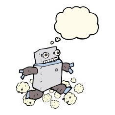 cartoon running robot with thought bubble N6