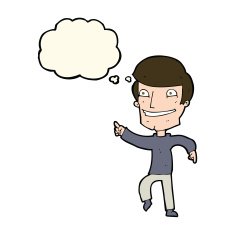 cartoon happy man pointing with thought bubble N45