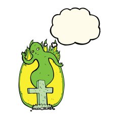 cartoon ghost rising from grave with thought bubble N13