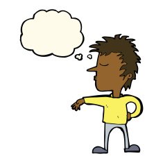 cartoon man making camp gesture with thought bubble N21