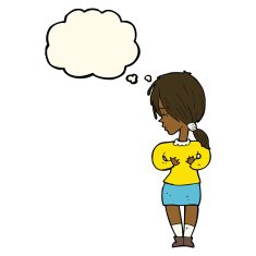 cartoon shy woman with thought bubble N34
