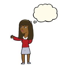 cartoon woman gesturing to show something with thought bubble N15