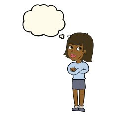 cartoon happy woman looking over with thought bubble N6