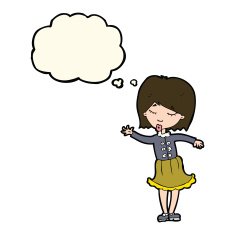 cartoon waving woman with thought bubble N91