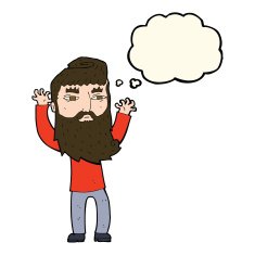 cartoon bearded man waving arms with thought bubble N7