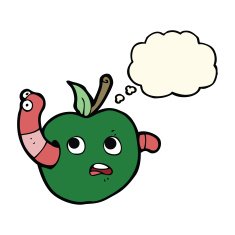 cartoon worm in apple with thought bubble N4