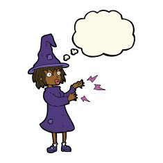 cartoon witch casting spell with thought bubble N12