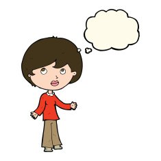 cartoon woman thinking with thought bubble N11