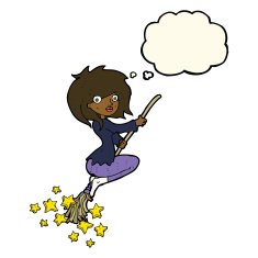 cartoon witch riding broomstick with thought bubble N14