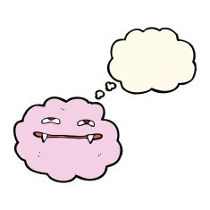 cartoon pink fluffy vampire cloud with thought bubble N4