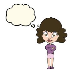 cartoon happy woman with folded arms thought bubble N15