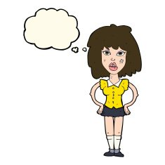 cartoon woman been in fight with thought bubble N6
