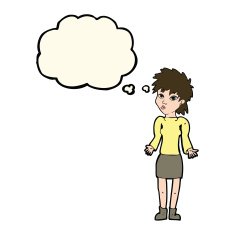 cartoon woman shrugging shoulders with thought bubble N342