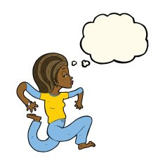 cartoon woman running with thought bubble N7