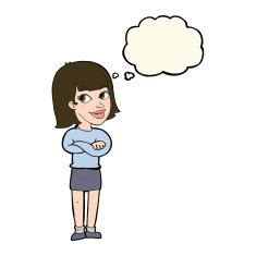 cartoon happy woman looking over with thought bubble N7