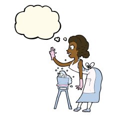 cartoon housewife washing up with thought bubble N7