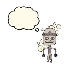 funny cartoon old robot with thought bubble N4