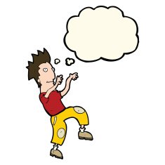cartoon happy man doing funny dance with thought bubble N13