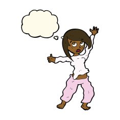 cartoon frightened woman with thought bubble N20